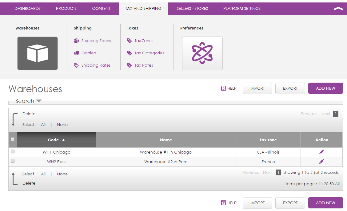 A new screen, listing the warehouses will appear in the Magelia WebStore Community